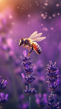 A golden honey bee hovers over a vibrant purple lavender flower, its wings spread in mid flight, surrounded by a dreamy, bokeh filled background.