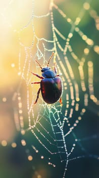 A beetle clings to a dewy spider web, with morning light illuminating the scene in a dazzling display.