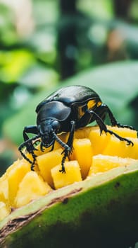 A close up of a shiny black beetle perched on bright yellow cubes of tropical fruit, showcasing the contrast between insect and food in nature.