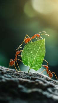 A group of red ants working together to carry a large green leaf with visible veins, demonstrating teamwork and strength in nature on a textured surface.