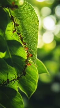 A line of red ants traverses a vibrant green leaf backlit by sunlight, creating a stunning contrast and showcasing the intricate leaf structure and ant behavior.