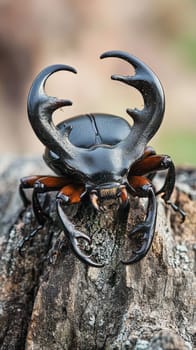 Close up of a magnificent stag beetle with impressive mandibles, perched on textured wood, highlighting its intricate details and powerful presence.