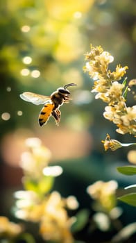 A honey bee hovers near a delicate yellow flower, its wings spread in mid flight, bathed in soft golden sunlight. Bokeh effects create a dreamy background.