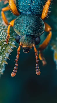 Extreme macro shot of a colorful beetle's head and thorax, showcasing its brilliant turquoise exoskeleton with intricate textures and orange appendages.