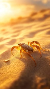 A golden hued scorpion traversing sun drenched sand dunes, its exoskeleton gleaming in the warm light of a desert sunset.
