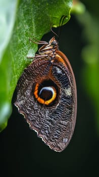 Extreme close up of an owl butterfly's wing, showcasing the intricate patterns and textures, with a focus on the distinctive eyespot mimicking a predator's eye.