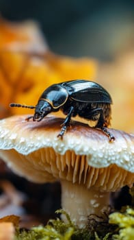 Macro shot of a glossy black beetle perched on the vibrant yellow cap of a wild mushroom, showcasing the intricate details of both organisms.