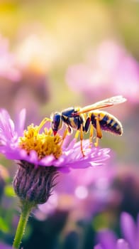 Close up of a striped wasp collecting nectar from a vibrant purple flower, with soft golden bokeh background capturing the essence of nature's delicate balance.
