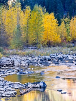 A calm section of water in the Tumwater Canyon area of the Wenatchee river in autumn near Leavenworth, Washington.