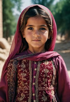 A young girl from Afghanistan stands confidently, showcasing her traditional attire, her expressive eyes reflecting her surroundings and culture. Generative AI.