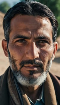A middle-aged 45 years old Afghan man stands confidently in a rural area, showcasing his traditional attire and thoughtful gaze amidst a serene backdrop of his village. Generative AI.