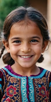 A young cute girl 5 years old from Afghanistan in national clothing smiles, showcasing her traditional attire, her expressive eyes reflecting her surroundings and culture. Generative AI.