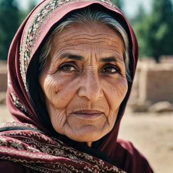 The elderly Afghanistan woman 75 years old gazes thoughtfully into the distance, her face marked by life experiences. She wears a traditional headscarf, set against a rustic background. Generative AI.