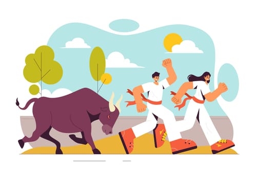 Running of the Bulls Vector Illustration featuring a Bullfighting Competition and Bulls Chasing in an Arena with a Flat Style Cartoon Background