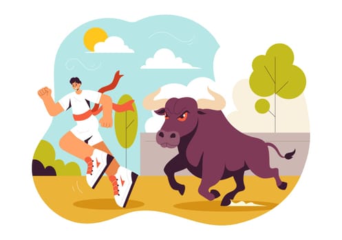 Running of the Bulls Vector Illustration featuring a Bullfighting Competition and Bulls Chasing in an Arena with a Flat Style Cartoon Background