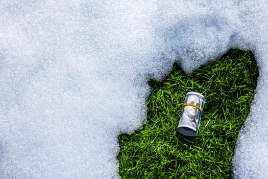 roll of us dollar banknotes on thawed green grass patch in the snow at sunny spring day, closeup with copy space