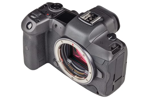 black 2020s professional 35mm full-frame mirrorless camera body with flip screen isolated on white background.