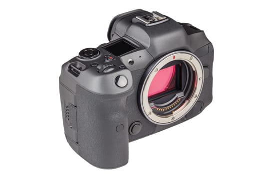 black 2020s professional 35mm full-frame mirrorless camera body with flip screen isolated on white background.