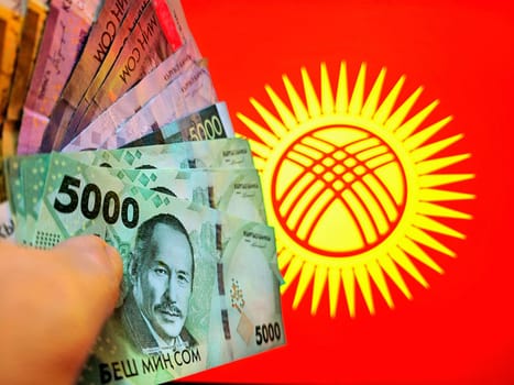 Kyrgyz som banknotes in front of National flag of Kyrgyzstan.
