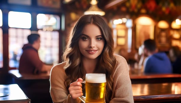 gorgeous young woman drinking beer at the pub, AI generated image