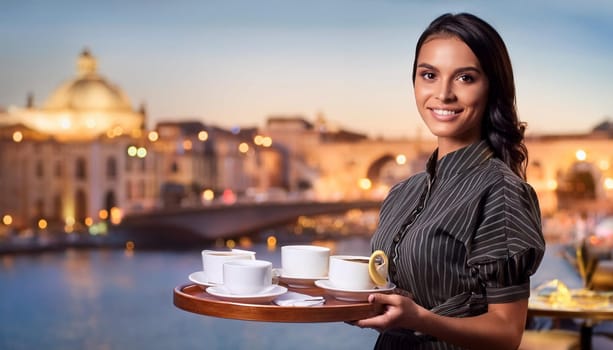 beautiful barmaid serving cup of tea, AI generated image