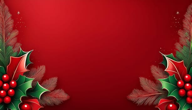 abstract red christmas background with holly and copy space, AI generated image