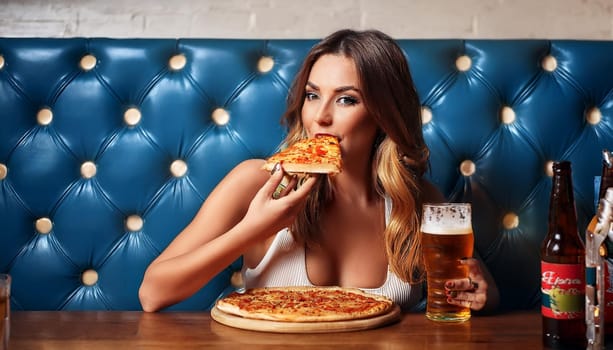 gorgeous young woman eating pizza and drinking beer, AI generated image