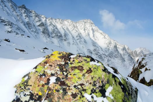 Baikal mountains in winter in snow. Forest in snow-covered mountains.