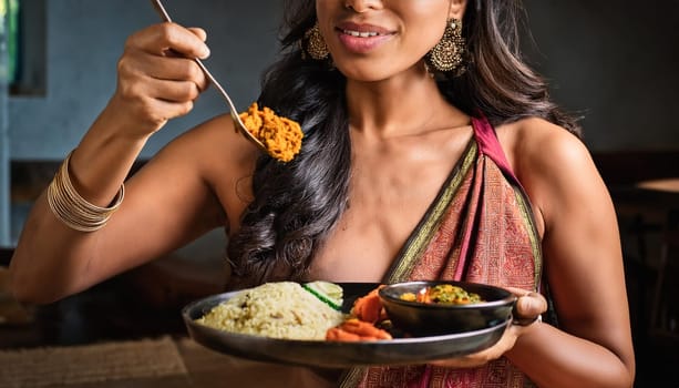 gorgeous young woman eating vegetarian indian food, AI generated image