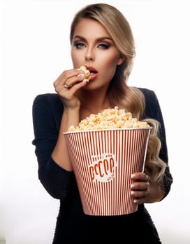 gorgeous young woman eating pop corn, AI generated image