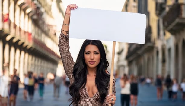 gorgeous young woman with blank sign, AI generated image