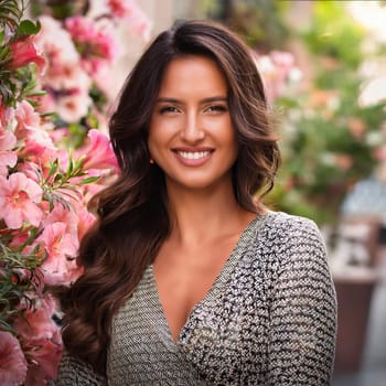 gorgeous young woman flowers in the background, AI generated image