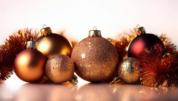 Tinsel and baubles for Christmas tree decoration, AI generated image