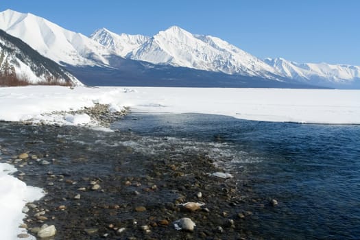 The shore of Lake Baikal in winter. Snow and ice on the baikal.
