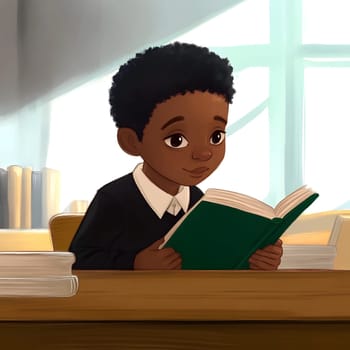 Dark schoolboy is reading and studying in class