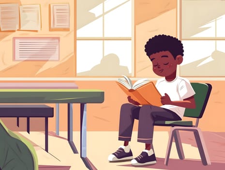 Dark schoolboy is reading and studying in class