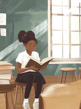 Black schoolgirl is reading and studying in class