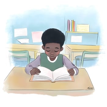 Dark schoolboy is reading and studying in class