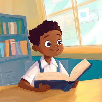 Dark schoolboy is reading and studying in class