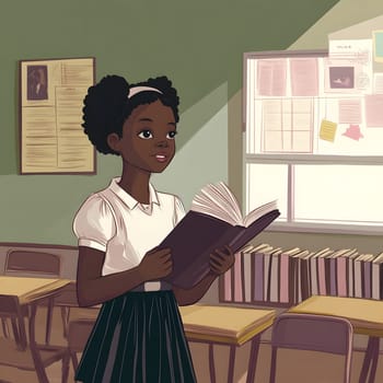 Black schoolgirl is reading and studying in class