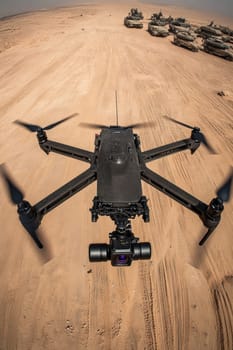 A drone seen from above flies over the battlefield. Ai generative.
