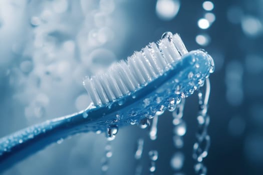 Water cascades around a toothbrush in a shower, creating a striking visual effect as droplets shimmer in the light, highlighting the contrast between hygiene and the refreshing setting.