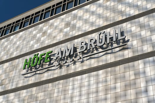 Illuminated sign for the Hoefe am Bruehl shopping center in the heart of Leipzig in Germany