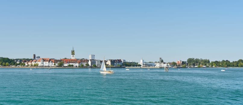 View of the city of Friedrichshafen on Lake Constance, Bodensee in Germany from the water