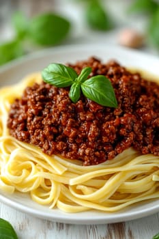 fettuccine with beautifully browned ground beef. AI generative.