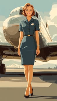 a young, beautiful flight attendant in a sweet, classic blue uniform with a slightly short dress, smiling next to the aircraft. AI generative.