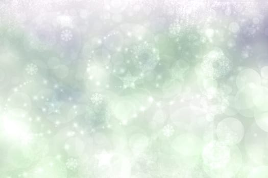 Abstract blurred festive light green white winter christmas or Happy New Year background texture with shiny bokeh circles, snowflakes and stars. Card concept.