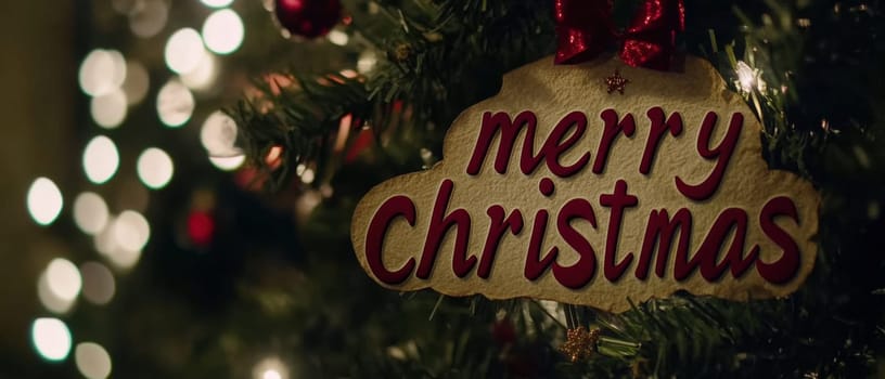 A beautifully decorated Christmas tree adorned with a cheerful greeting and sparkling lights creating a warm holiday atmosphere.