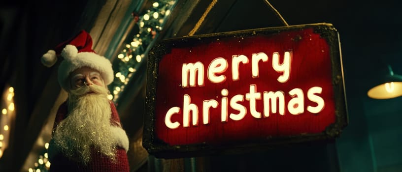 A cheerful Santa figure stands next to a bright sign wishing everyone a Merry Christmas at a festive location during the holiday season.