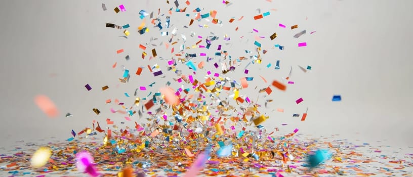 Brightly colored confetti cascades downwards creating a festive atmosphere against a simple backdrop ideal for celebrations.